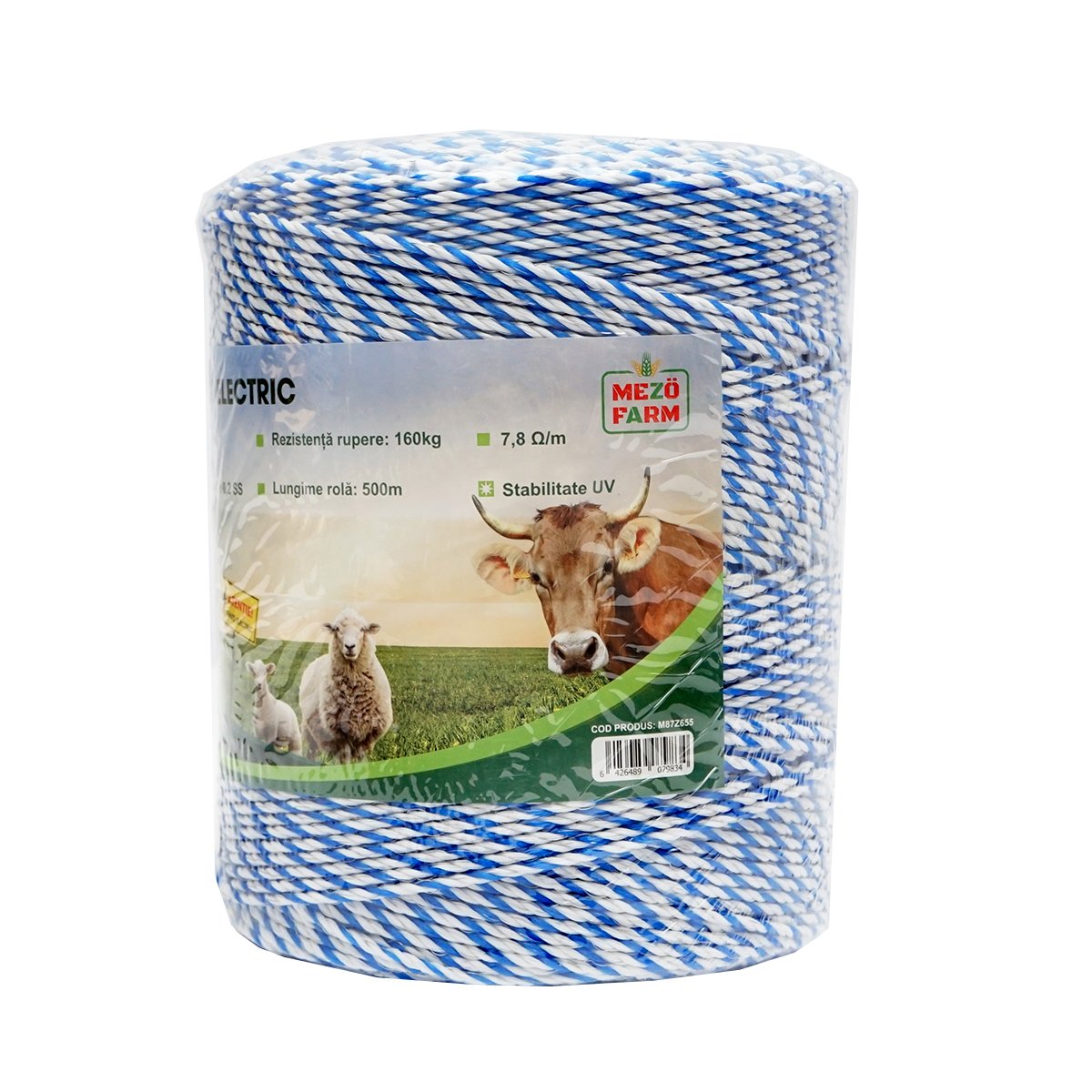 Rola fir alb-albastru 3mm insertie metalica 3x0.2mm SS, rezistenta 7.8 Ohm/m, 500m gard electric Mezofarm